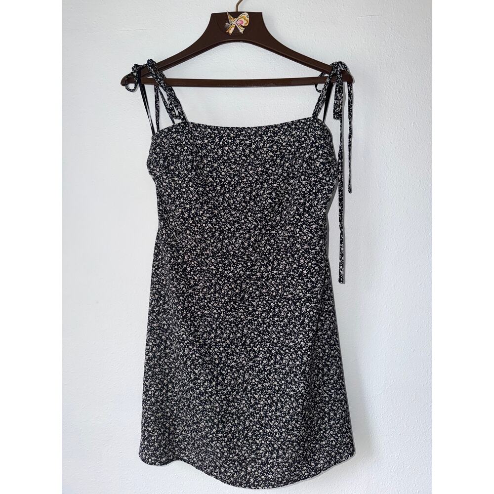 90’s Vintage Inspired Black White Floral Print Adjustable Tie Strap Mini Dress